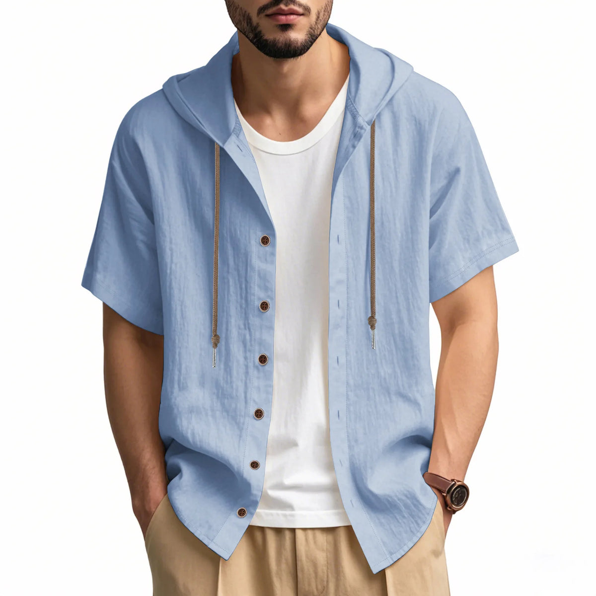American Summer Men's Thin Breathable Linen Ami Kaji Loose Hooded Short-sleeved Shirt Men