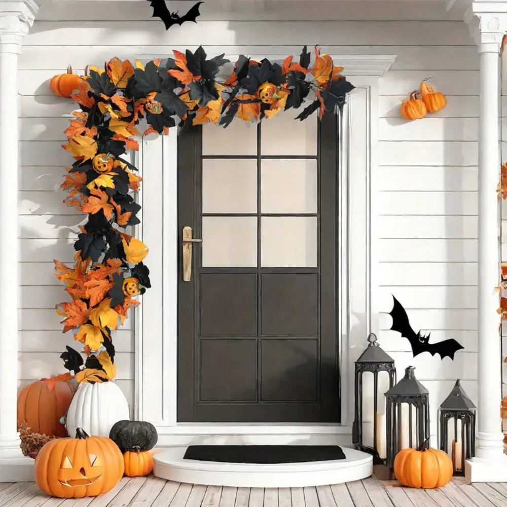 Halloween Fall Garland with Pumpkins Maple Leaves Artificial Flowers Decorative Hanging for Thanksgiving Home Fireplace Doorway