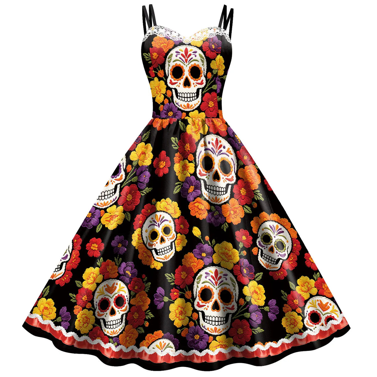 Halloween Dia De Los Muertos Floral Skull Dress Sugar Skull Print Dresses Mexican Festival Bar Night Group Cosplay Dress Up