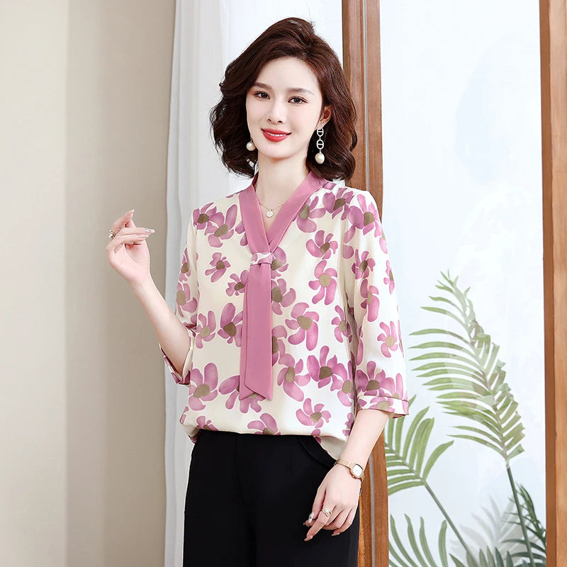 Fashion Printed Spring and Autumn shawl collar Women's Fashion Floral Checked Mid Sleeved Loose Chiffon Tops
