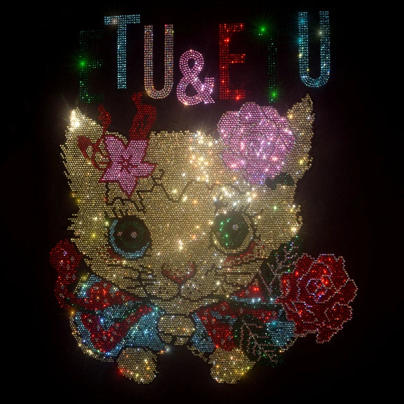 High quality rhinestone T shirt female summer short sleeve female fashion shiny cat crystal hot diamond T-shirt collar soft cott