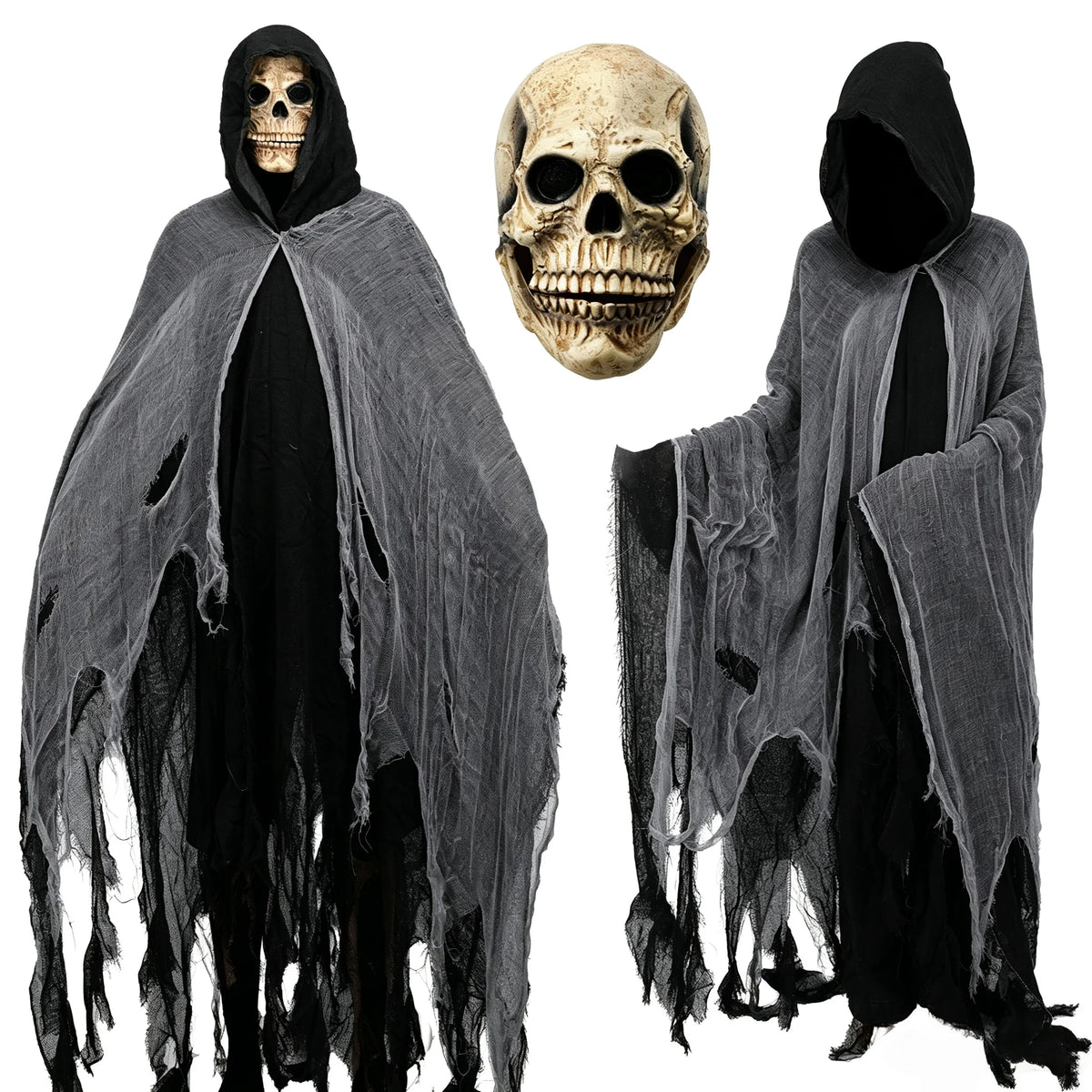 Halloween Tattered Grim Reaper Hooded Gauze Cape Adult Scary Dementor Robe Haunted House Masquerade Horror Cosplay Costume