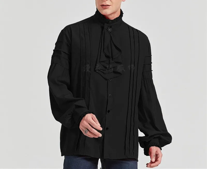 Steampunk Men's Shirt Tops Renaissance Victorian Gothic Medieval Long Sleeve Stand Collar Shirts Male Halloween Cosplay Costumes