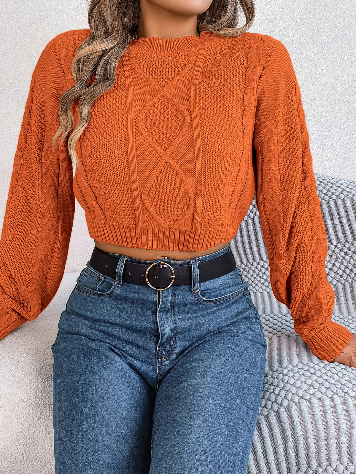 Autumn Winter Solid Color Round Neck Women Sweaters 2026 Casual Cable Knitted Long Sleeve Pullover Gray Army Green Red Crop Tops
