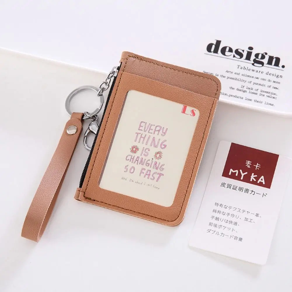 PU Leather Zipper Card Cover Bag ID Tag Bus Pass Card Cover Case Coin Purse Business Card Case with Hand Rope