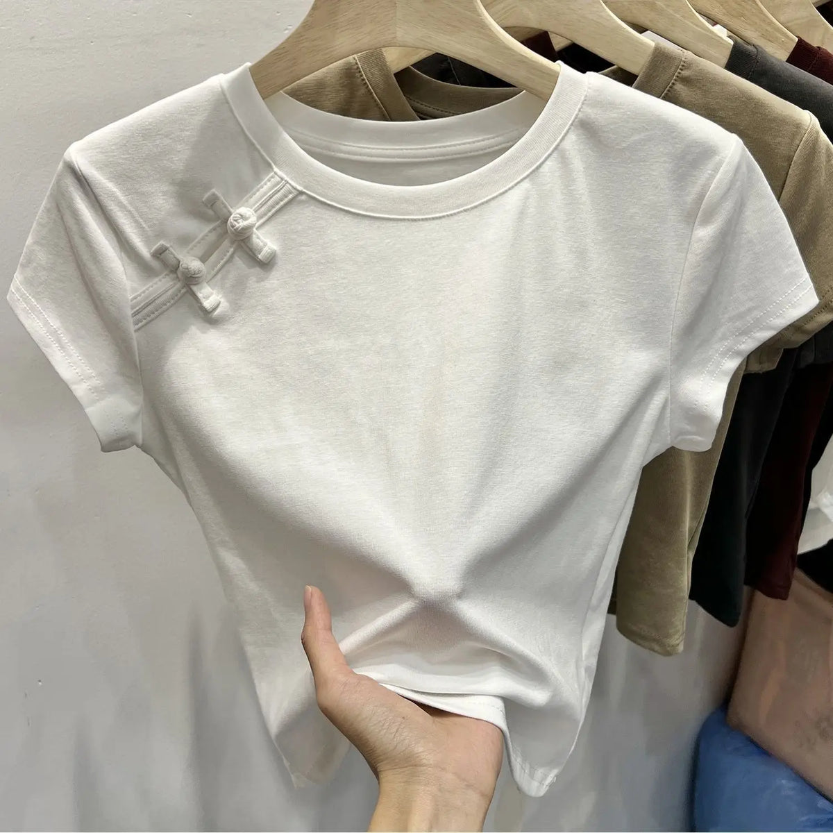 Chinese Style Summer T-shirts Women Crop Tops O-neck Gentle Buttons Soft Irregular Designed Short-sleeve Chic Pure College Retro