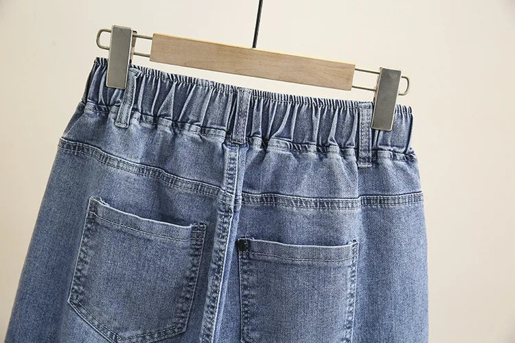 L-6XL Plus Large Size Baggy Jeans Women High Waisted Jeans Woman Mom Jeans Loose Denim Harem Pants Elastic Waist Blue