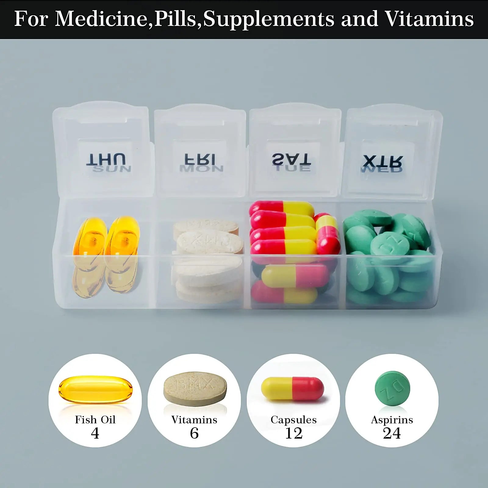 Weekly/7-Compartment Pill Organizer, Travel Pill Case with Anti-Mix Design & 20 Labels – Portable Supplement Container