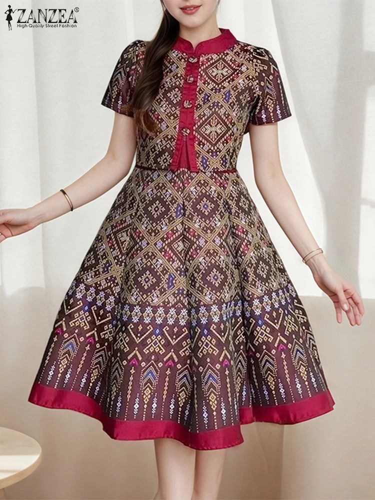 ZANZEA Vintage Geometric Print A-Line Dress Women Fake Two-Piece Stand Collar Short Sleeve Knee-Length Robes Holiday Vestidos
