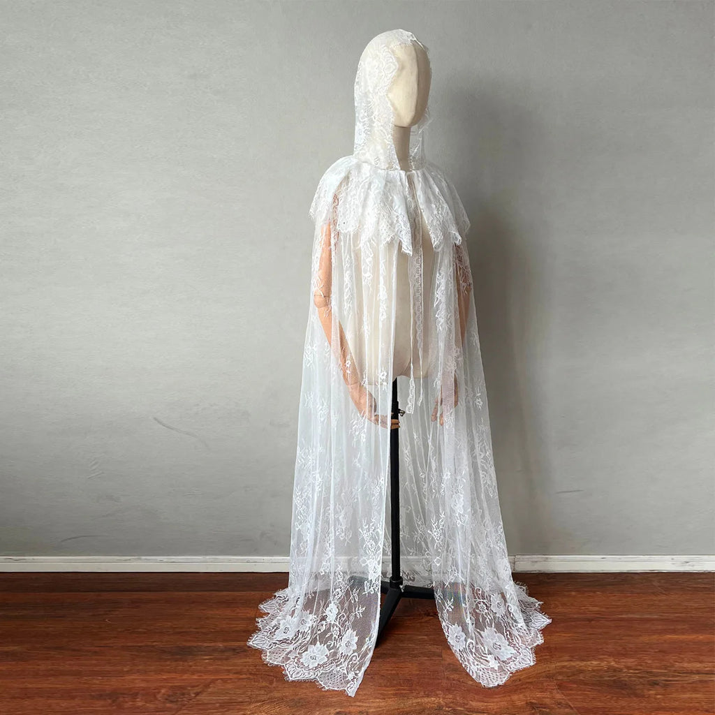 Halloween Medieval Women Lace Lace Up Hooded Cloak Elegant Black White Bride Shawl Party Witch Wizard Cosplay Costumes Clothing