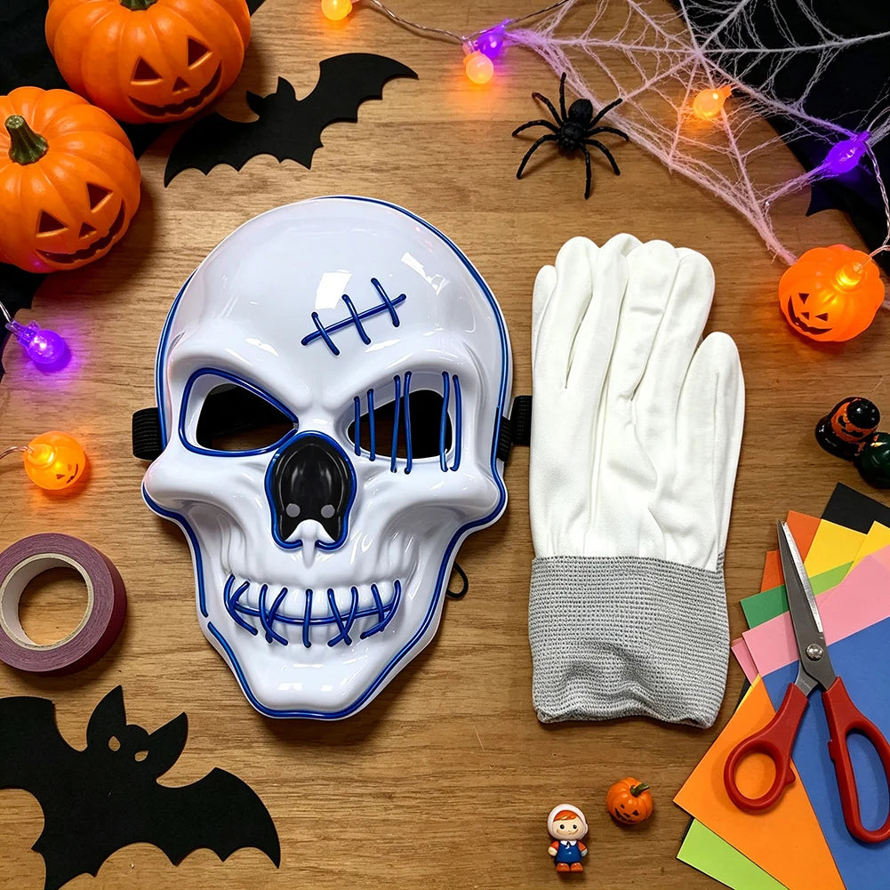 Halloween LED Mask With Gloves,Glowing Skull Mask Costume Set,Lights Up Horror Costume Props Halloween Party Cosplay Accessories