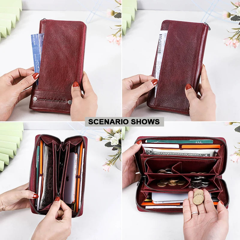 Contact's Women Wallets Genuine Leather Card Holder Female Purse Zipper Wallet For Women Fashion Clutch Bag Rfid Men Wallets