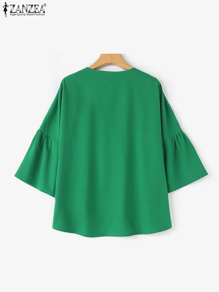 ZANZEA Women Summer Flare Sleeve Tops 2025 Casual Solid Color Blouse Fashion Pleating Tunic V-neck Shirt Loose Blusas Femininas