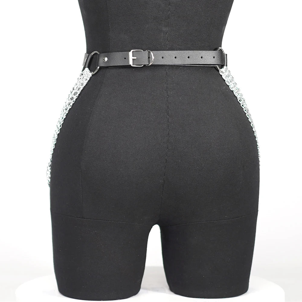 Women Punk Gothic PU Leather Waist‑Thigh Harness Garter Belt, Adjustable Chain Decor Accessory for Rave Festival Halloween Outfi