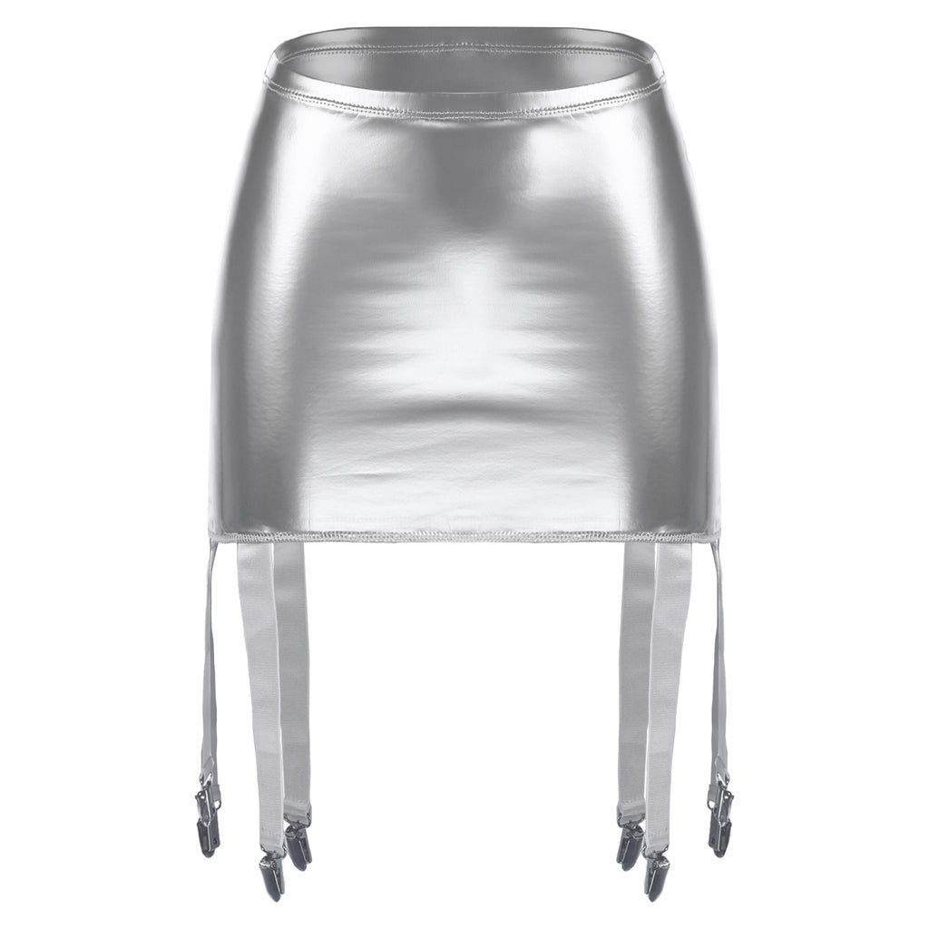 Sexy Women Wetlook PVC Leather Ruffled Skirts Party Low Waist Built-in Thongs Mini Skirt with Garter Belts Metal Clips Set Club