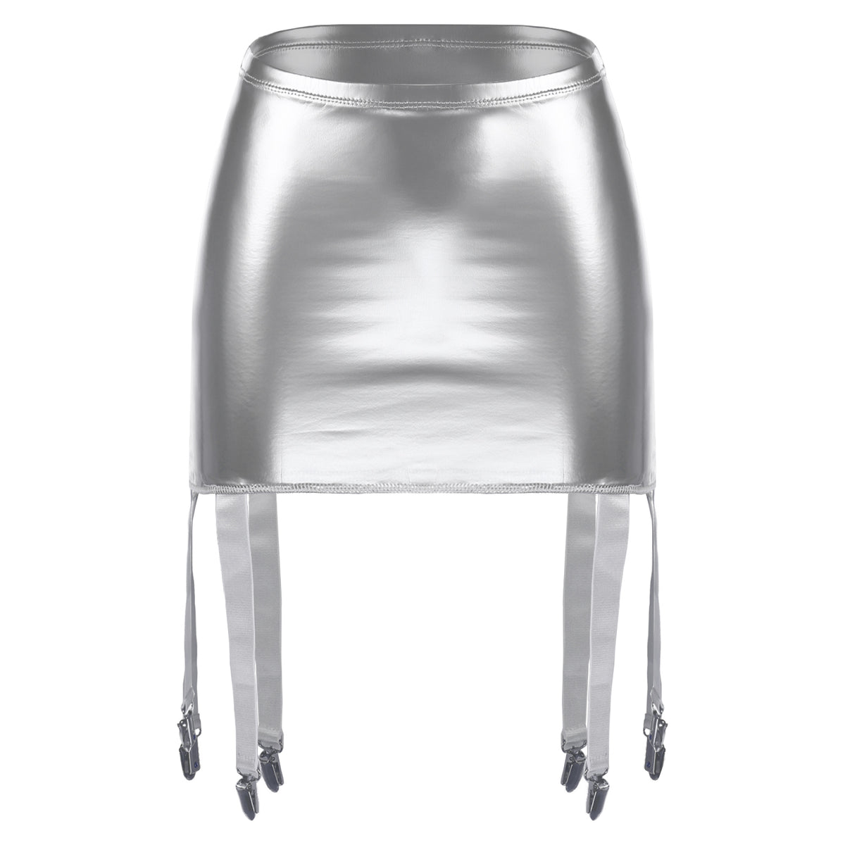 Sexy Women Wetlook PVC Leather Ruffled Skirts Party Low Waist Built-in Thongs Mini Skirt with Garter Belts Metal Clips Set Club