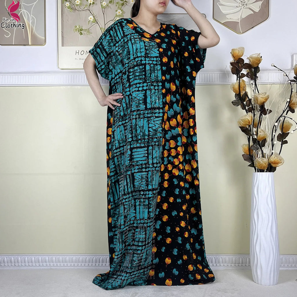 2025 New Summer Abaya Short Sleeve Dress With Big Scarf Printing Floral Loose Dress Islam Kaftan Women African Abaya Clothing