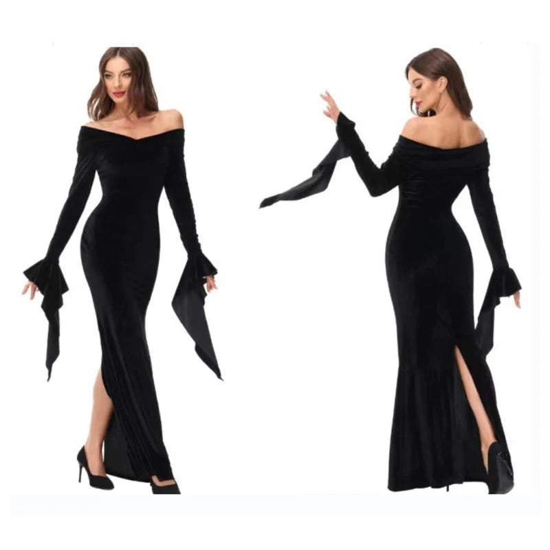 Party Sexy Dress Back Slit Cold Shoulder Women Morticia Addam Evil Halloween Costume Black Gothic Wednesday Outfit For Adult