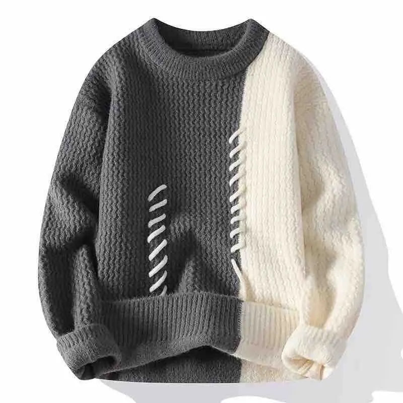 Autumn Winter Men Sweater O-Neck Patchwork Contrast Color Korean Trend Fashion Thicken Warm Pullovers Long Sleeve Knitted Tops