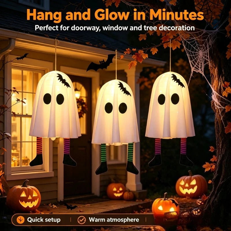 Halloween Glowing White Ghost Hanging Ghosts with Fairy Lights Halloween Outdoor Decoration 50cm Halloween Party Decoration