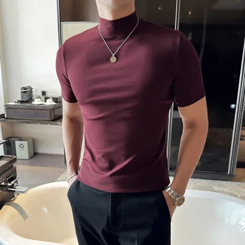 Spring Summer Men's Half High Neck Short Sleeve T-shirt Korean Slim Fit Solid Color Bottom Shirt Casual Cotton Elastic T-shirts