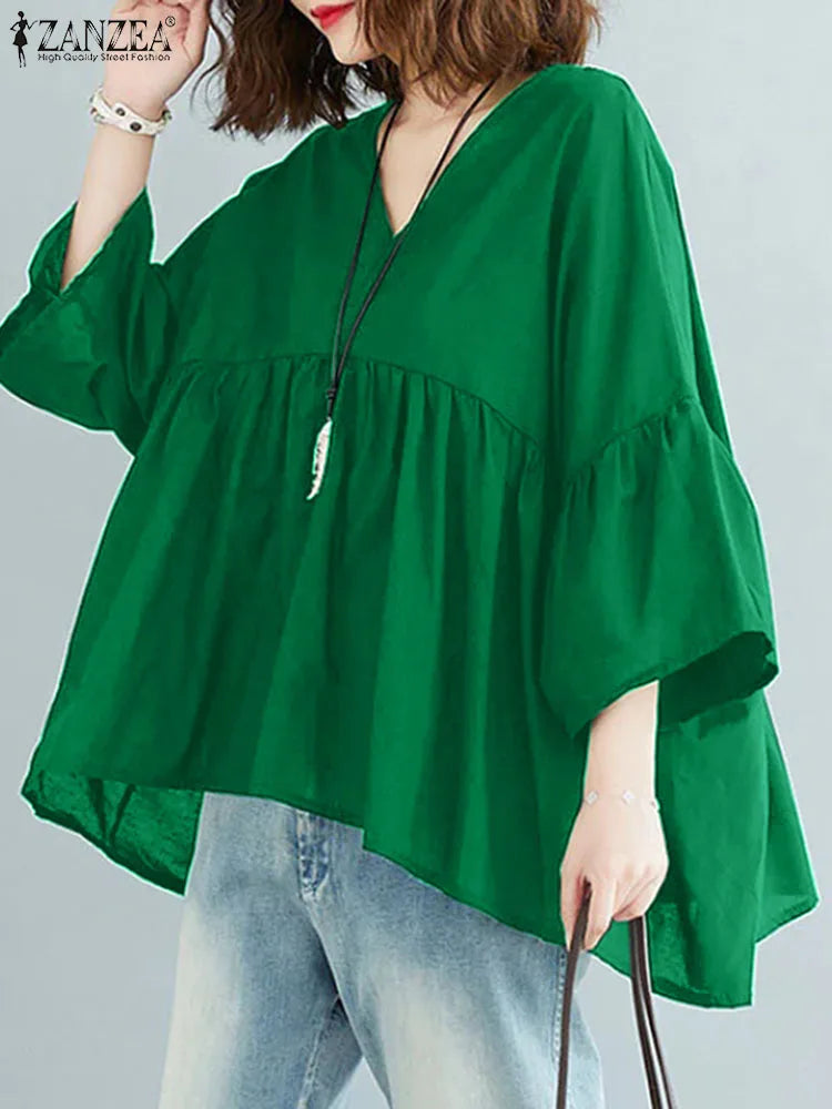ZANZEA Women Summer Flare Sleeve Tops 2025 Casual Solid Color Blouse Fashion Pleating Tunic V-neck Shirt Loose Blusas Femininas