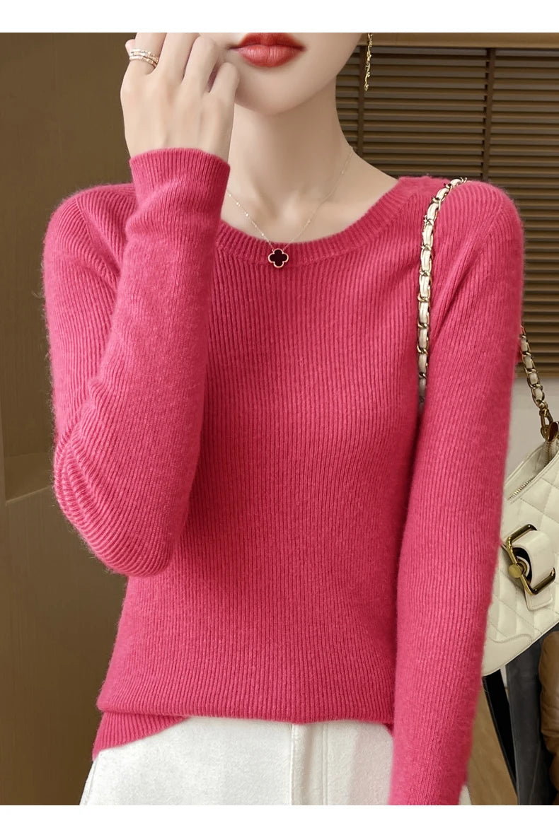 Early Fall New Crew-Neck Sweater Elegant High Elastic Simple Solid Color Thin Knit Crew-Neck Sweater Long Sleeve-GH458