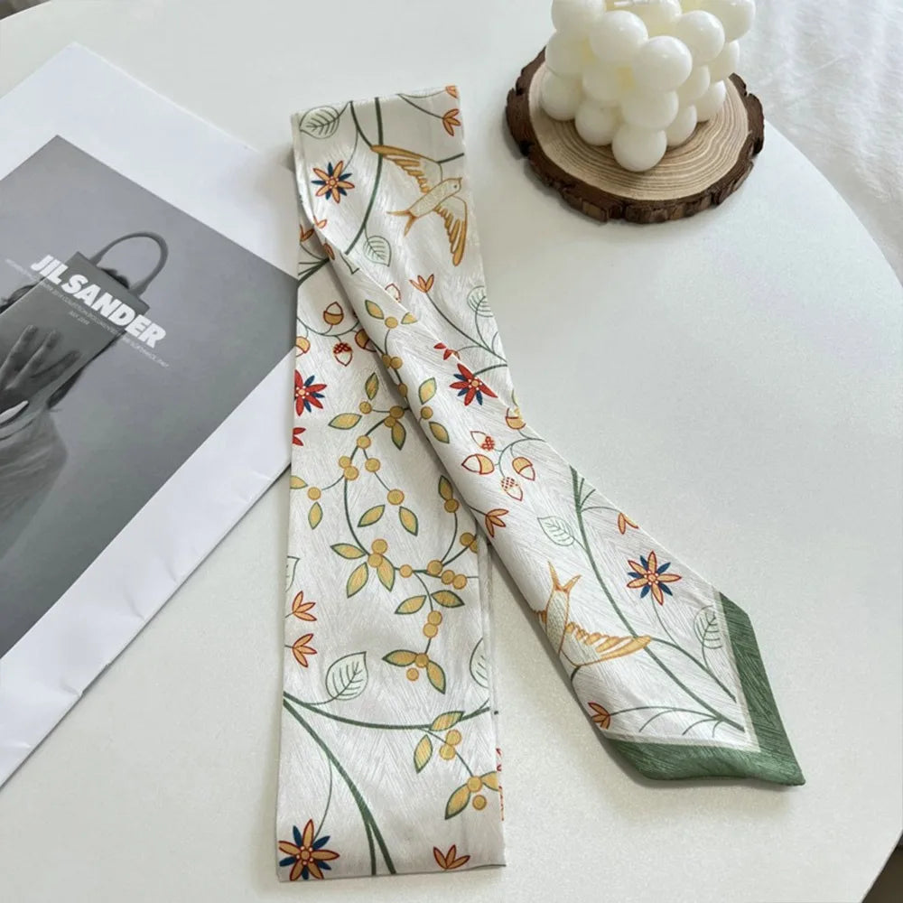 Summer Versatile Satin Silk Ribbon Scarf Fresh Floral Narrow Hair Tie Long Thin Fashion Accessory for Women Bag Strap