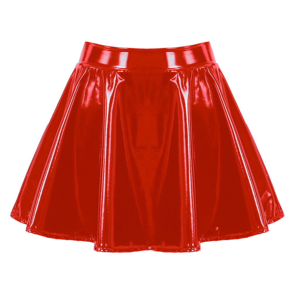 Sexy Women Wetlook PVC Leather Ruffled Skirts Party Low Waist Built-in Thongs Mini Skirt with Garter Belts Metal Clips Set Club