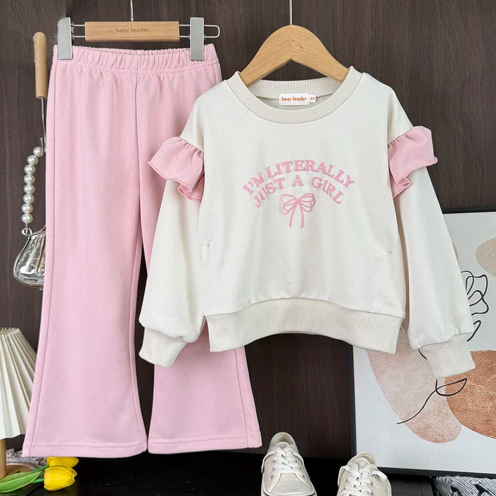 Bear Leader Spring and Autumn Long Sleeve Girls' Set Letter Printed Top+Solid Color Bell Bottom Pants Pink Casual Kids Wear