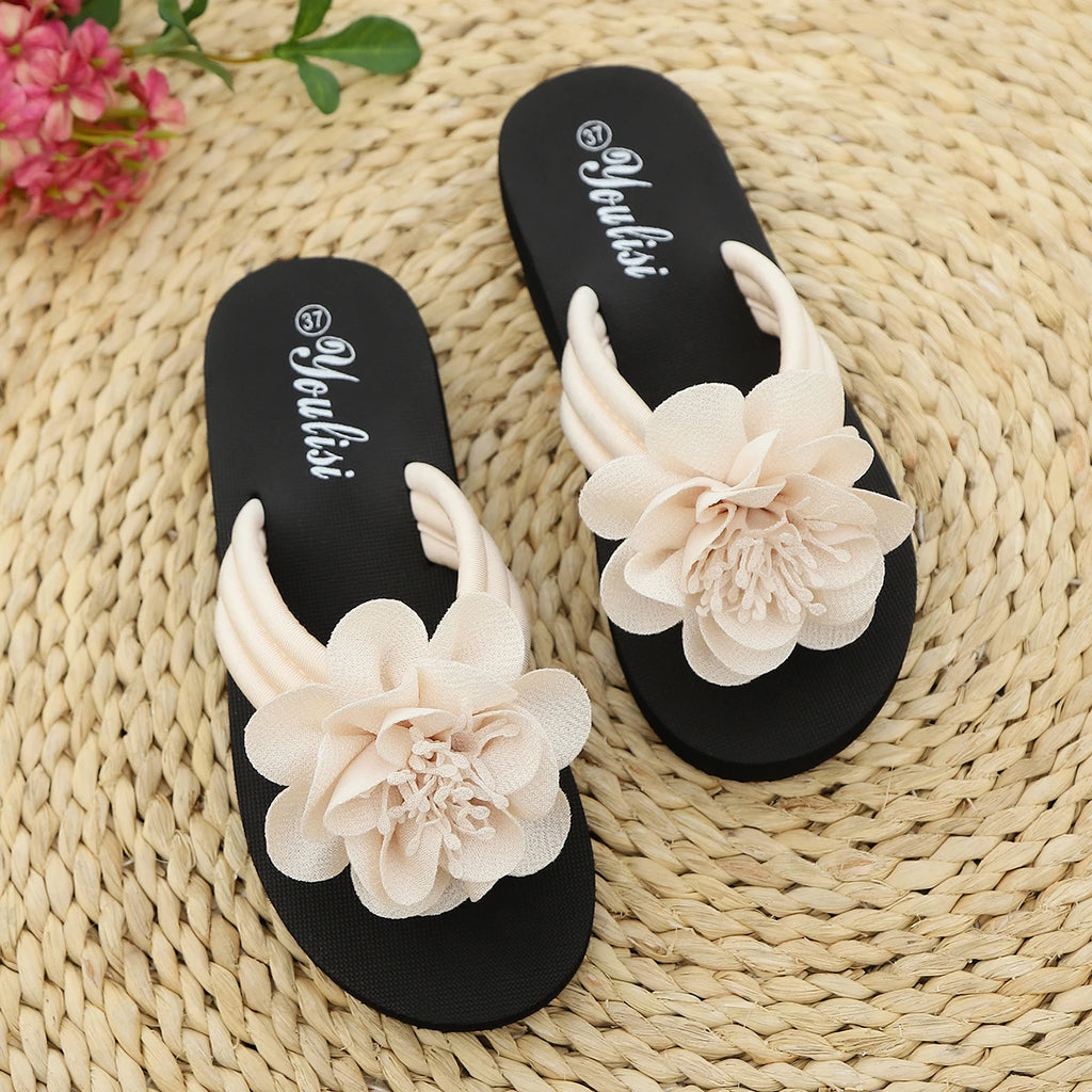 36-44 Women's Handmade Flower Decorated Flip Flops Slippers for Beach Vacation Casual Comfortable Flat Sandals Red Shoes