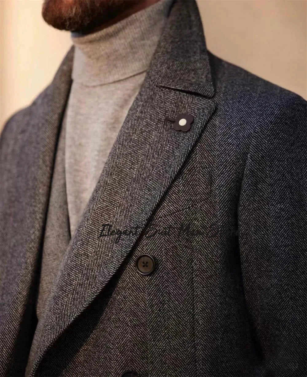 Italian herringbone wool men's long business coat Autumn winter Double breasted classic suits Long coats