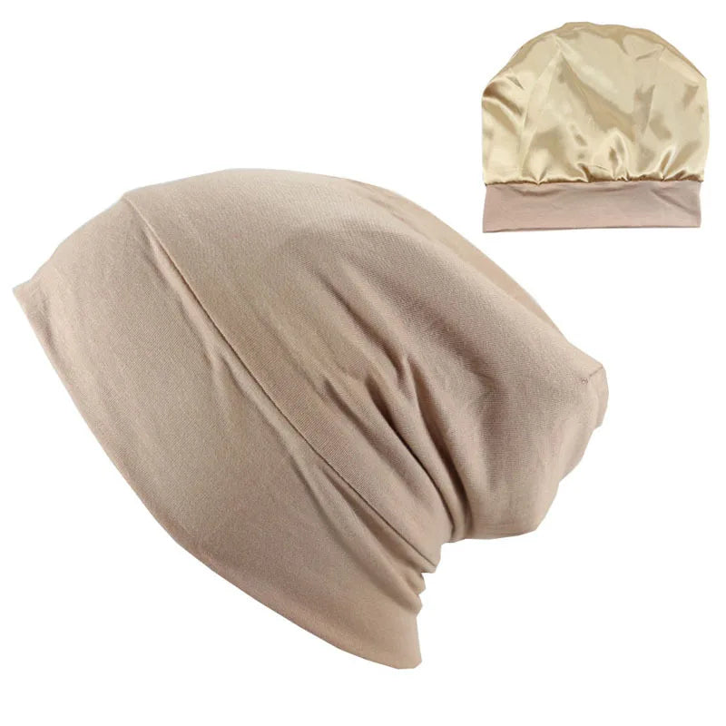 1PC Unisex Elastic Loose Band Satin Lined Double Layer Sleeping Hat For Hair Protection Comfortable Soft Hair Cap Beanie Hat