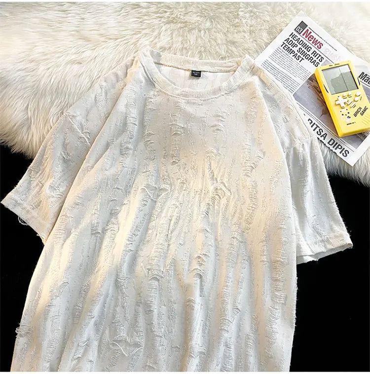 Ripped T-shirts Men Hole Y2k Tops Streetwear Summer O-neck Clothing Hip Hop Fashion Teens American Retro Vintage Футболки Baggy