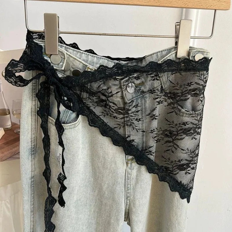 Lace Trim Bandana Triangle Scarf Delicate Ins Ruffled Lace Hair Scarf 2-in-1 Head Band Waist Accessory for Y2K Outfits Headscarf