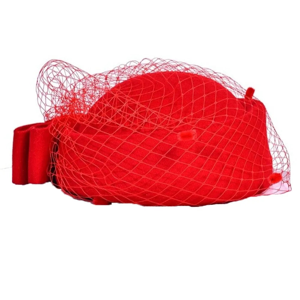 Sweet Mesh Wool Bow Hat with Veil Solid Color British Style Stewardess Cap Photography Decoration Woolen Pillbox Hat Headwear