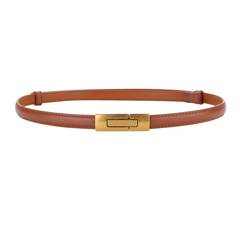 Women Skinny Genuine Leather Slim Belt Adjustable Alloy Buckle Waist Belt for Dress