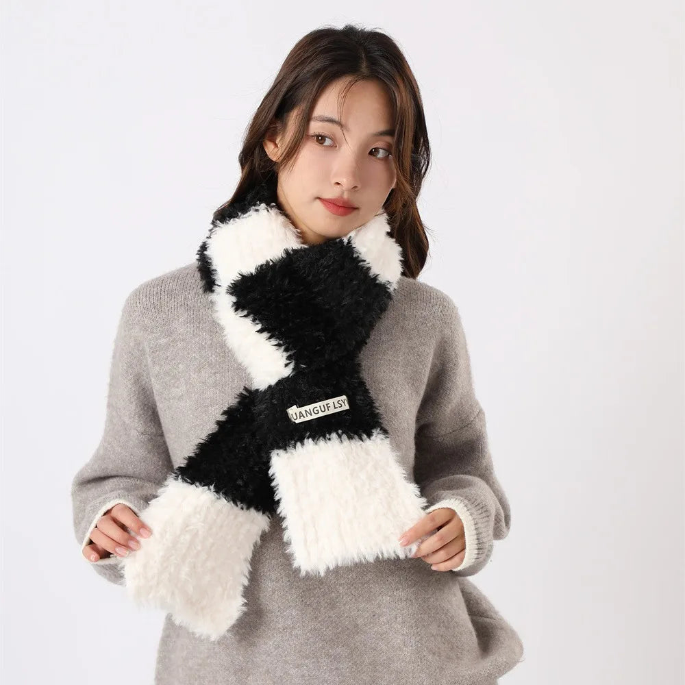 Autumn and Winter Women's Warm Imitation Rabbit Hair Colored Checkered Scarf Thickened Wool Scarf Luxury Brand H179
