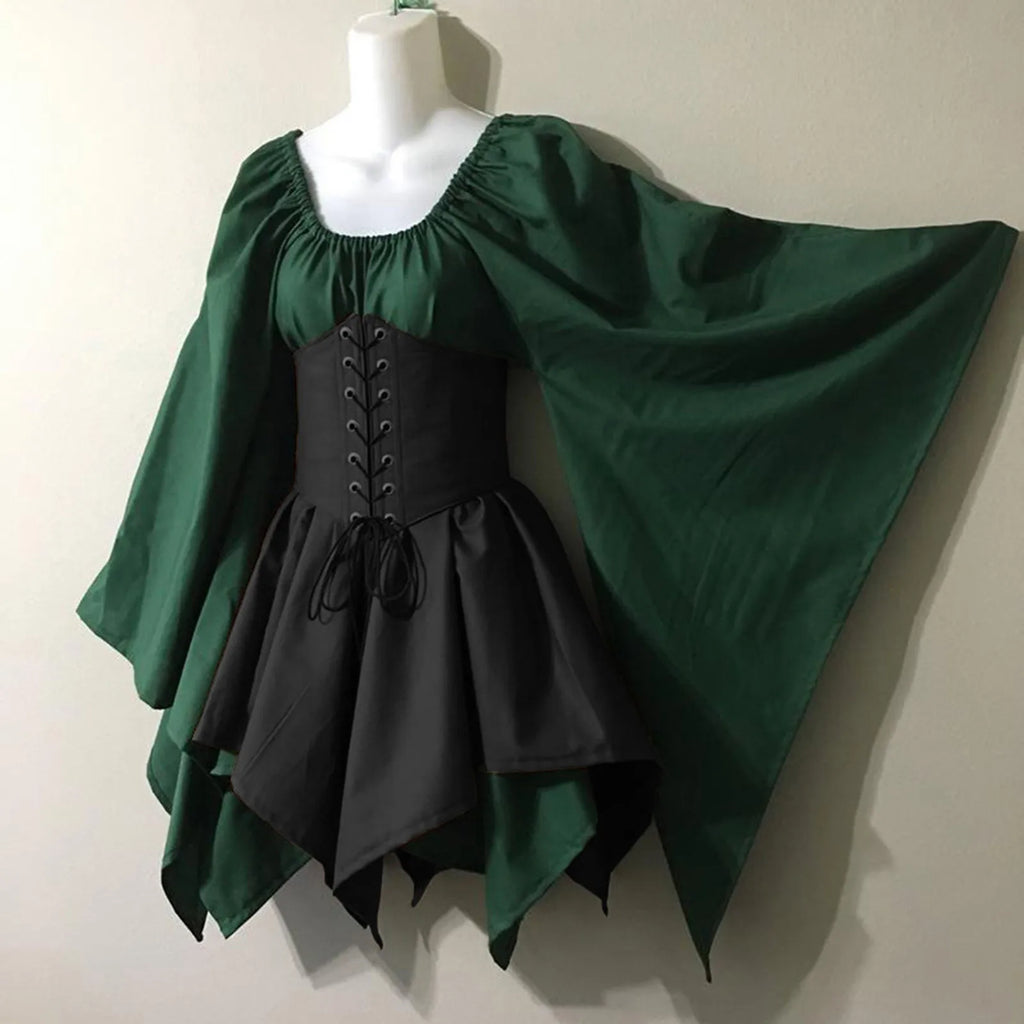 Women Retro Renaissance Medieval Dress Long Flare Sleeve Patchwork Maxi Dress with Corset Halloween Victorian Dress