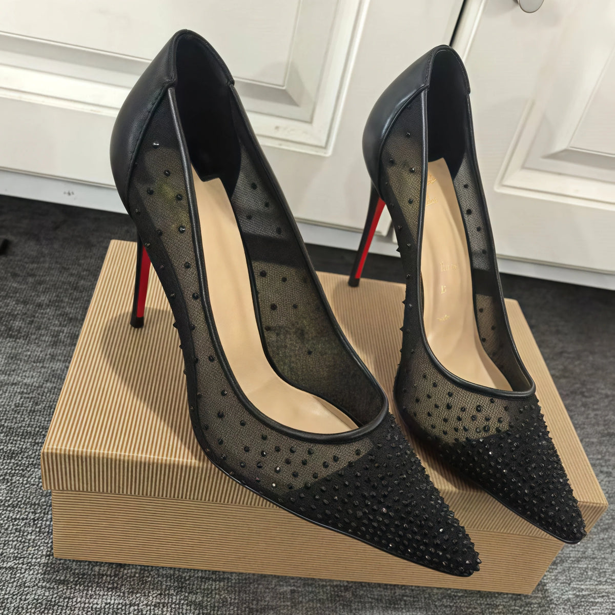 Round Dots Black Mesh Lace Women’s Pumps Pointed Toe Red Sole Single Shoes Female 8 10 12cm High Heels 35-42 size Zapatos Para