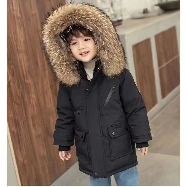 -30℃ Winter Kids Jackets Padded Cotton Clothes Coats Boys Girls Thick Plus Velvet Warm Parka Hooded Outerwear Snowsuit 5-12Y