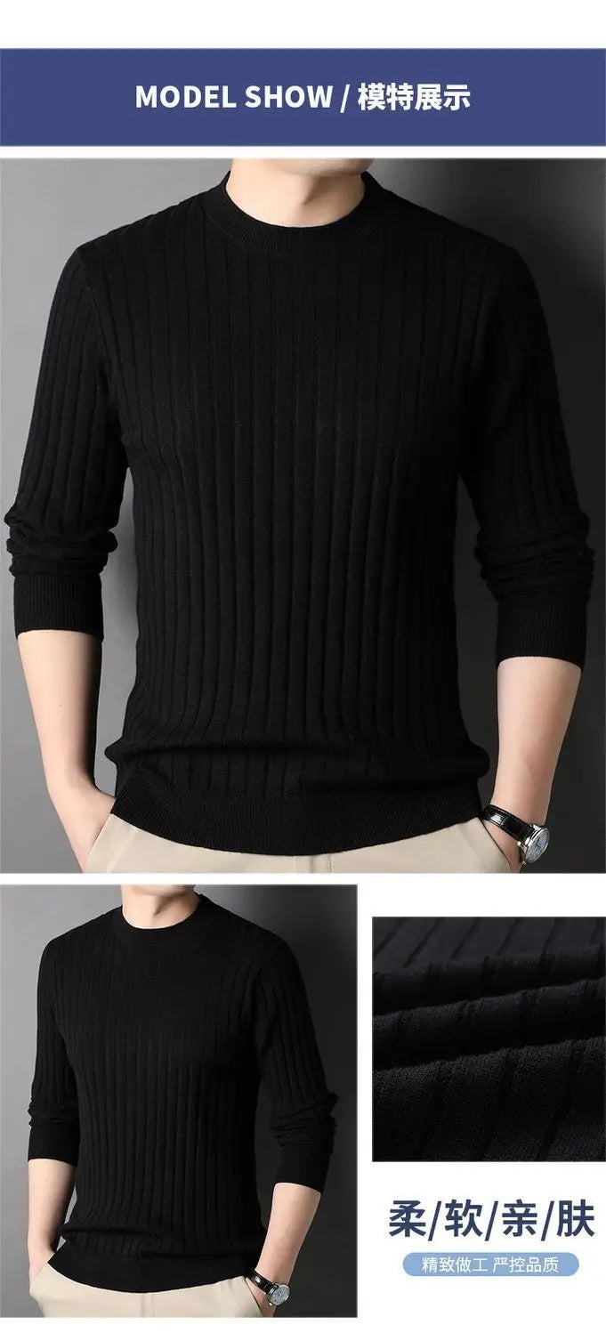 Trend Fashion Autumn Winter Sweaters Men Solid O-Neck Screw Thread Thicken Smart Casual Long Sleeve Slim Pullovers Knitted Tops