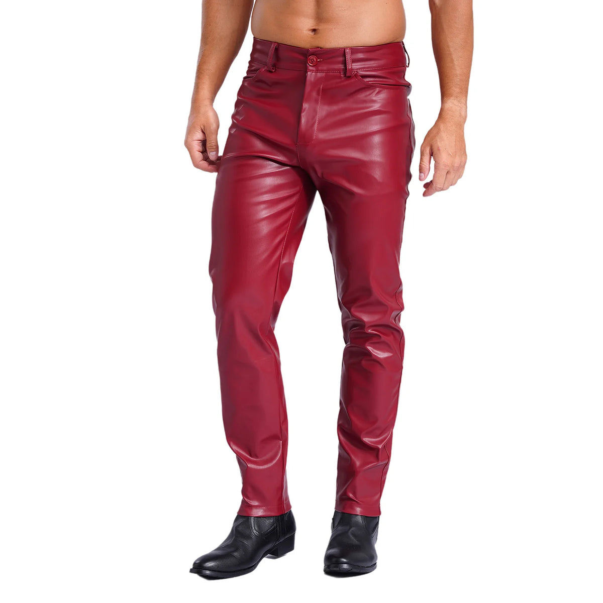 Mens Stylish Faux Leather Pants Pockets Halloween Costume Smooth Lining Straight Pants Tights Leggings Music Party Clothings