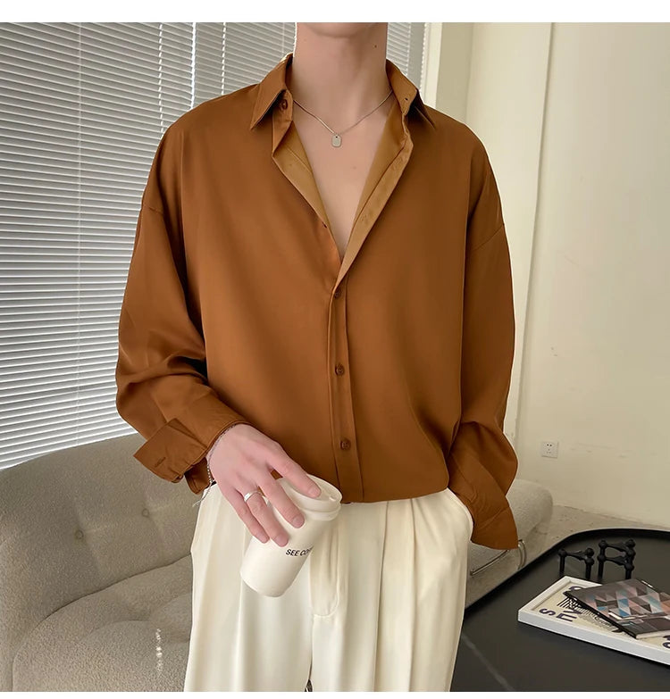 White Long Sleeved Shirt Men Oversized Fashion Social Mens Dress Shirt Korean Loose Ice Silk Shirt Mens Office Formal Shirts
