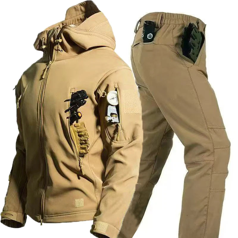 Men Autumn Winter Tactical Military Tracksuit Set Softshell Jackets Casual Fleece Cargo Pants Hiking Camping Climbing Trousers
