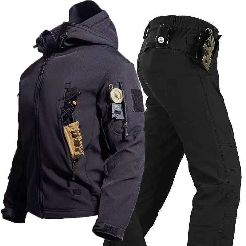 Men Autumn Winter Tactical Military Tracksuit Set Softshell Jackets Casual Fleece Cargo Pants Hiking Camping Climbing Trousers