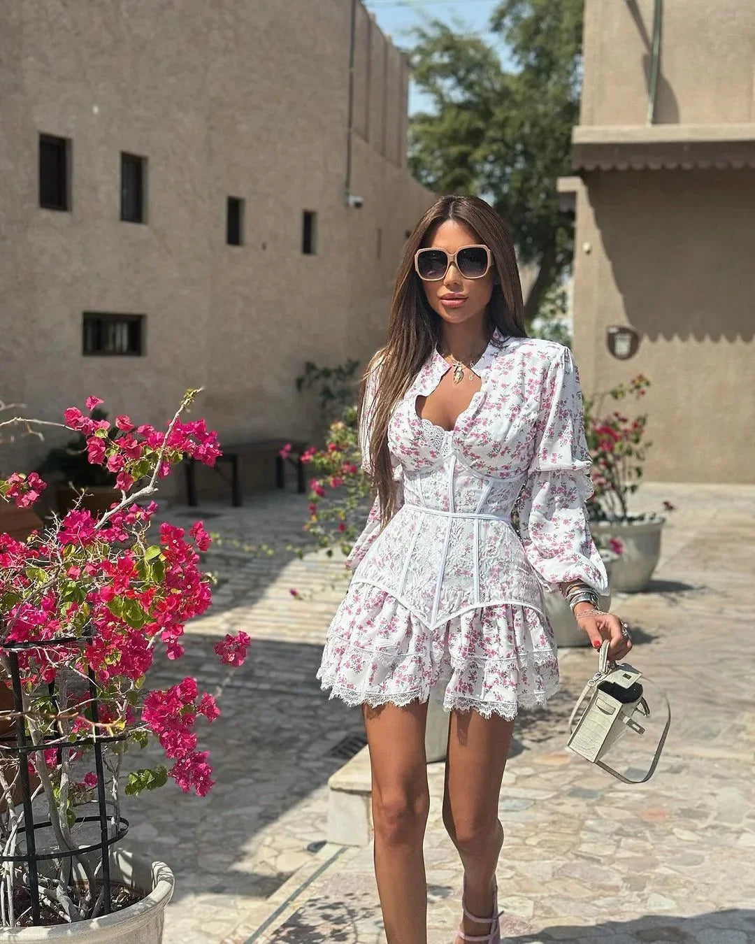 TARUXY V-Neck Printed Mini Lace Dress Female Ruffled Fashion High Waist Long Sleeve Splice Contrast Slim Fit Bandage Party Dress