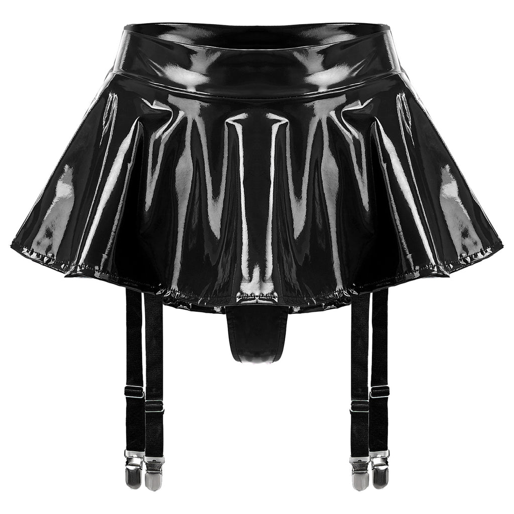 Sexy Women Wetlook PVC Leather Ruffled Skirts Party Low Waist Built-in Thongs Mini Skirt with Garter Belts Metal Clips Set Club