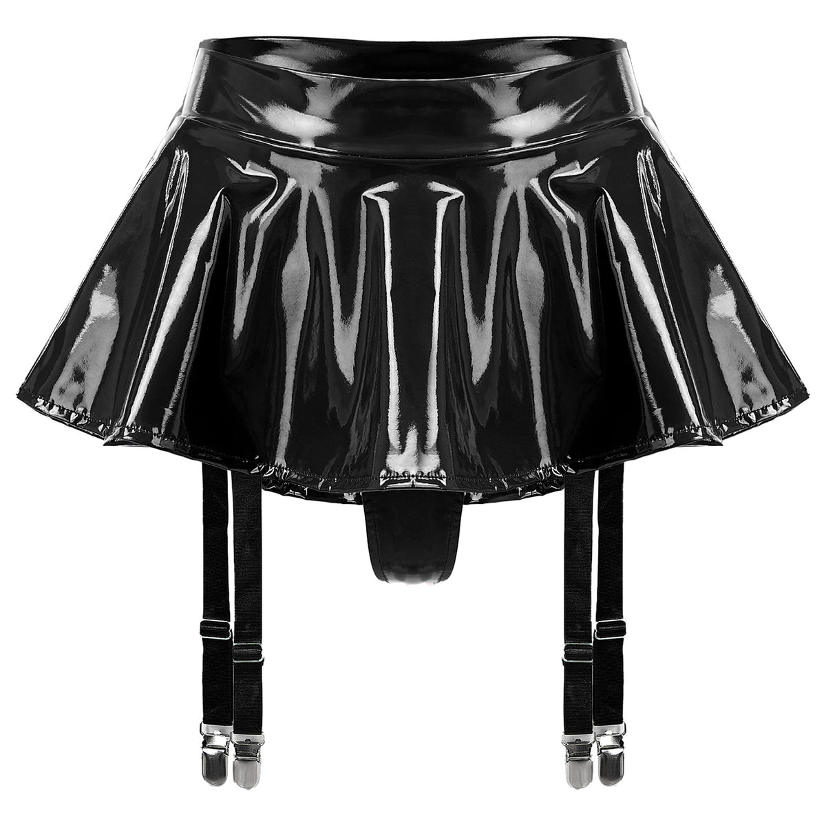 Sexy Women Wetlook PVC Leather Ruffled Skirts Party Low Waist Built-in Thongs Mini Skirt with Garter Belts Metal Clips Set Club