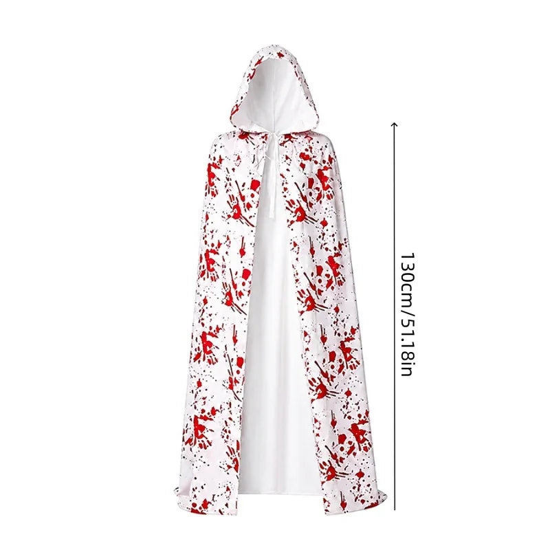 Halloween Blood Splatter Hooded Cloak Black White Blood Handprint Cape Horror Cosplay Costume Ghost Vampire Robe Party Outfit